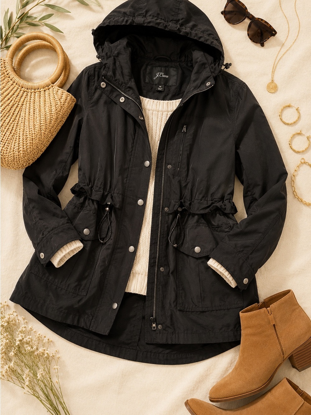 J.Crew Black Utility Jacket Hooded Anorak Lightweight Medium